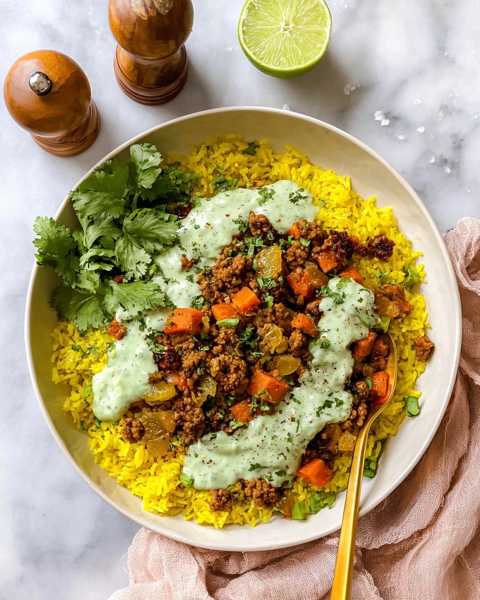 A white bowl on a white marbled surface holds three main layers: the bottom layer is bright yellow rice, the middle layer is a mix of cooked ground meat and diced orange carrots, topped with small green herb leaves and golden raisins, and the top layer is a light green creamy sauce drizzled over the meat. Fresh green cilantro sits on one side with a gold spoon resting inside the bowl. Nearby, two wooden salt and pepper shakers and half a lime add to the scene. A soft pink cloth is partially visible under the bowl. Photo taken with an iphone --ar 4:5 --v 7
