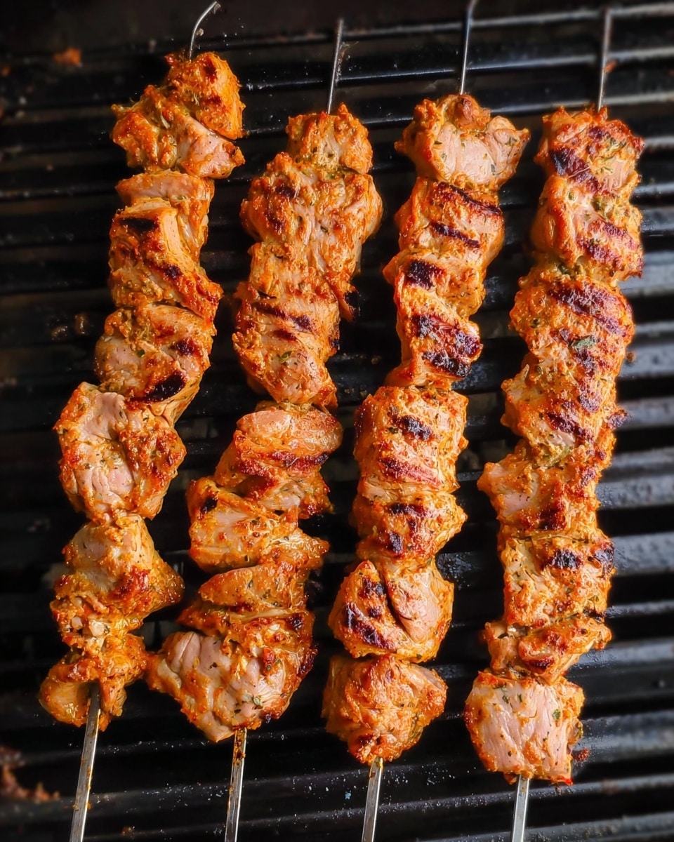 Five wooden skewers are placed side by side on a black grill, each loaded with pieces of marinated meat that are light brown with orange and pink tones, showing a slightly moist texture and some char marks from cooking. The grill bars are horizontal and evenly spaced, and the meat pieces are roughly similar in size and shape, popping off the dark metal grill surface. The background is out of focus, but a bit of the grill's edge is visible, with the meat arranged neatly across the middle of the grill. Photo taken with an iphone --ar 4:5 --v 7