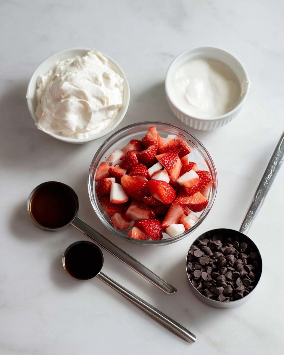 The image shows ingredients arranged on a white marbled surface, including a clear glass bowl filled with chopped red and white strawberries in the center. To the left, there is a metal measuring cup filled with thick white cream, and behind it, a small white bowl with a white solid fat. In front of the glass bowl, there is another metal measuring cup filled with small dark brown chocolate chips. Two metal measuring spoons are present, one with a dark brown liquid and the other with a dark syrup, placed on the right and bottom left sides of the glass bowl. The setup is clean and bright with a focus on the colorful strawberries and shiny utensils. photo taken with an iphone --ar 4:5 --v 7