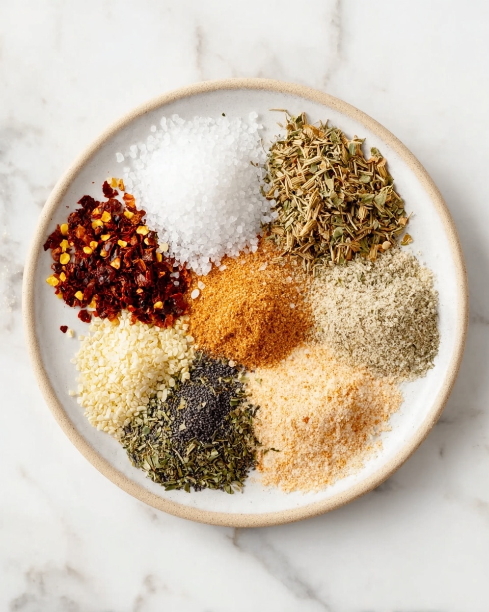 A white round plate holds nine small piles of spices and seasonings arranged in a circle on a white marbled surface. Starting from the top center going clockwise, the first pile is white coarse salt with a rough texture, followed by dark red chili flakes with yellow seeds, then a mix of green dried herbs, light brown thin dried stems, a pile of fine yellow granules, a pale orange coarse powder, a small pile of fine white salt with some black specs, dark black pepper ground finely, and finally another pile of green dried herbs with a rough texture. The spices are close but not touching each other, creating a colorful and textured display. Photo taken with an iphone --ar 4:5 --v 7