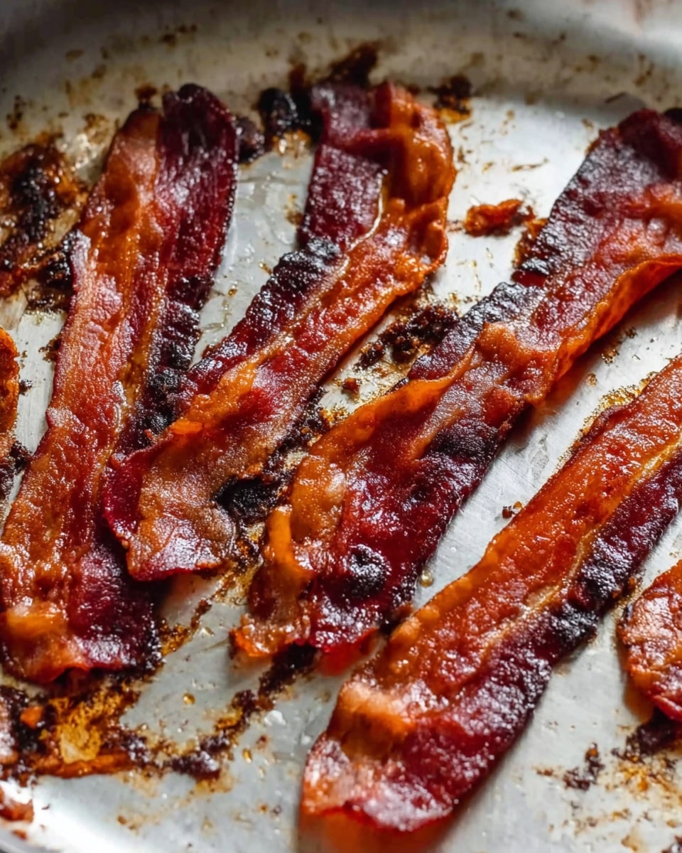 The image shows several strips of crispy cooked bacon lying in a metal pan. The bacon strips are dark reddish-brown with shiny oily spots and some charred edges. The pan has bits of cooked oil and browned residue around the bacon, adding texture. The background is a white marbled surface. photo taken with an iphone --ar 4:5 --v 7