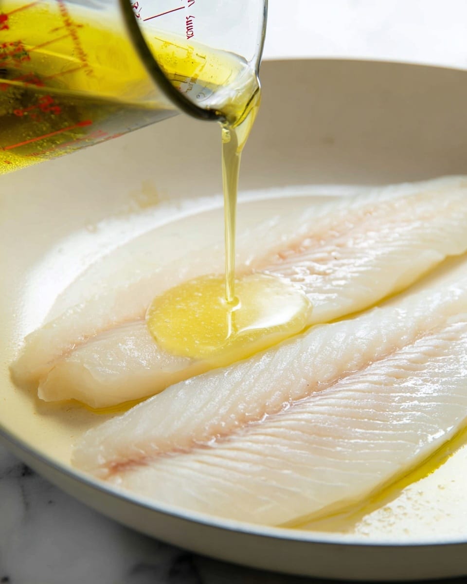 The image shows two pale, white fish fillets lying flat side by side in a white pan. A thick, yellow liquid, likely melted butter, is being poured from a clear measuring cup onto the fillet at the front. The fillets have a smooth texture with slight translucent areas and faint, natural lines along the edges. The white pan contrasts against a white marbled surface in the background. The scene captures a close-up cooking moment with soft natural light highlighting the glossy fish and dripping butter. Photo taken with an iphone --ar 4:5 --v 7