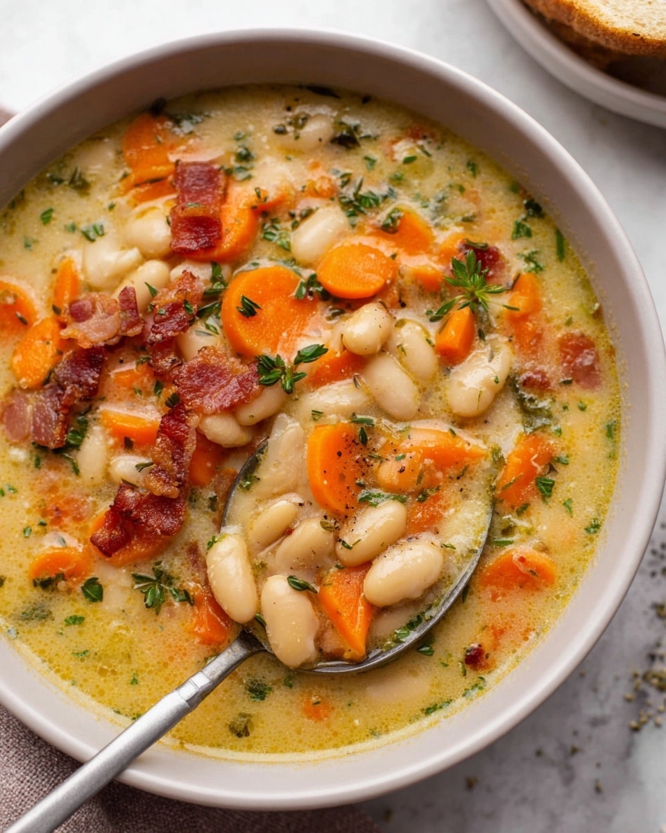 A close-up of a creamy soup served in a white bowl on a white marbled surface, filled with soft white beans, bright orange carrot slices, small bits of green herbs, and pieces of crispy brown bacon scattered on top; a silver spoon on the right side holds a scoop of the soup showing the mix of beans, carrots, and bacon, all immersed in a light yellow, creamy broth with flecks of herbs. Photo taken with an iphone --ar 4:5 --v 7