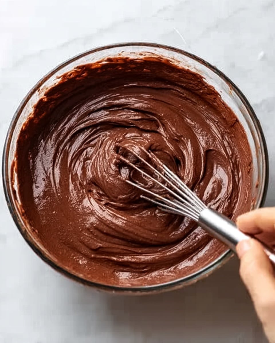 A clear glass bowl filled with thick, smooth chocolate batter being mixed by a metal whisk held by a woman's hand. The batter is rich dark brown and glossy, swirling around the whisk with a creamy texture. The bowl sits on a white marbled surface, and the batter's shiny surface reflects light softly. photo taken with an iphone --ar 4:5 --v 7