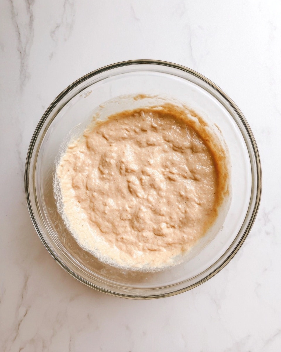 A clear glass bowl sits on a white marbled surface, filled with a single layer of thick, light beige batter with small lumps and a slightly uneven surface texture. The batter covers the bottom evenly, showing some slight ripple marks from stirring. photo taken with an iphone --ar 4:5 --v 7