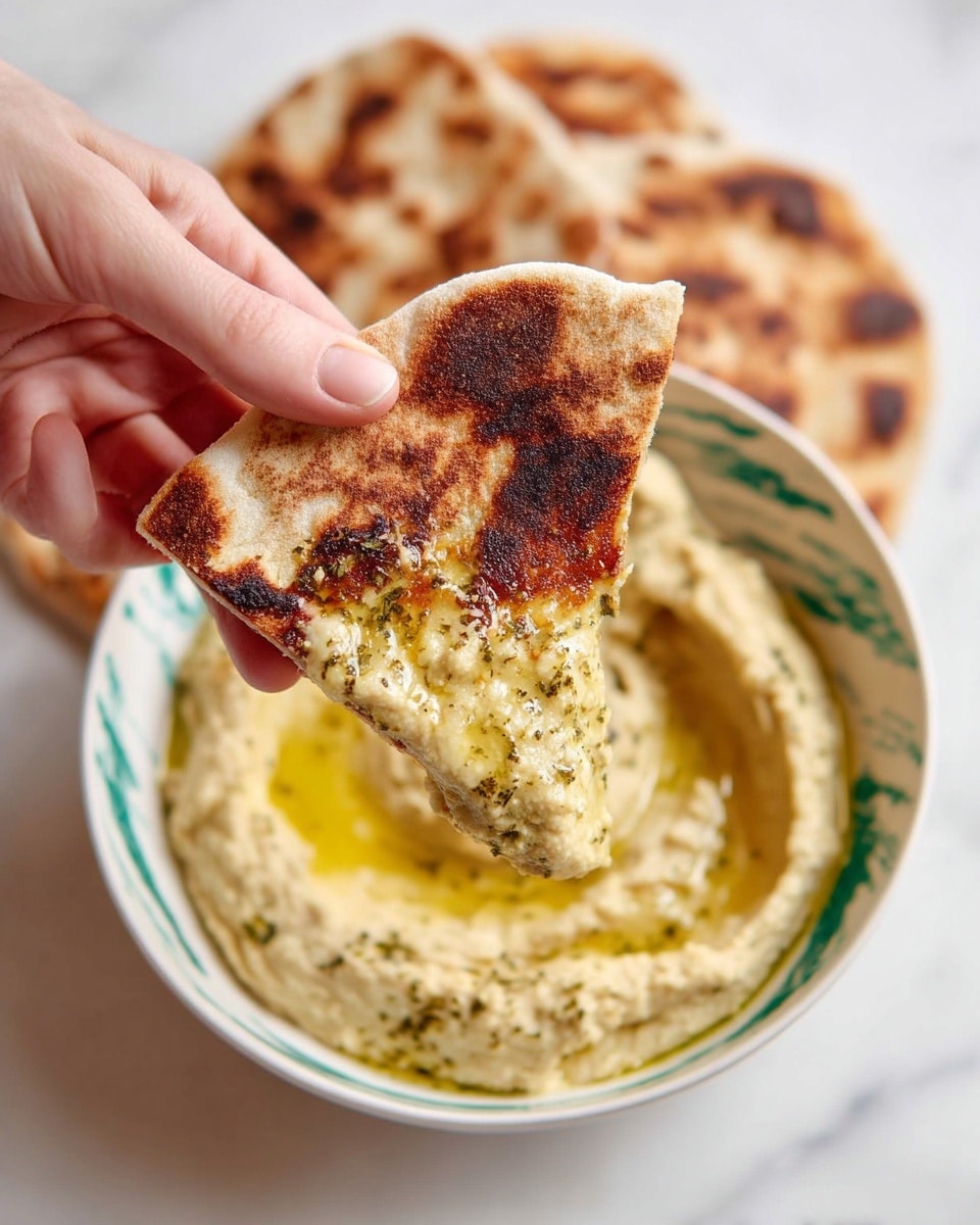 A close-up of a white woman’s hand holding a piece of toasted flatbread with a golden-brown charred surface, dipping it into creamy beige hummus with visible olive oil and a sprinkle of herbs on top, the hummus contained in a white bowl with green streaks, all set against a white marbled surface background photo taken with an iphone --ar 4:5 --v 7