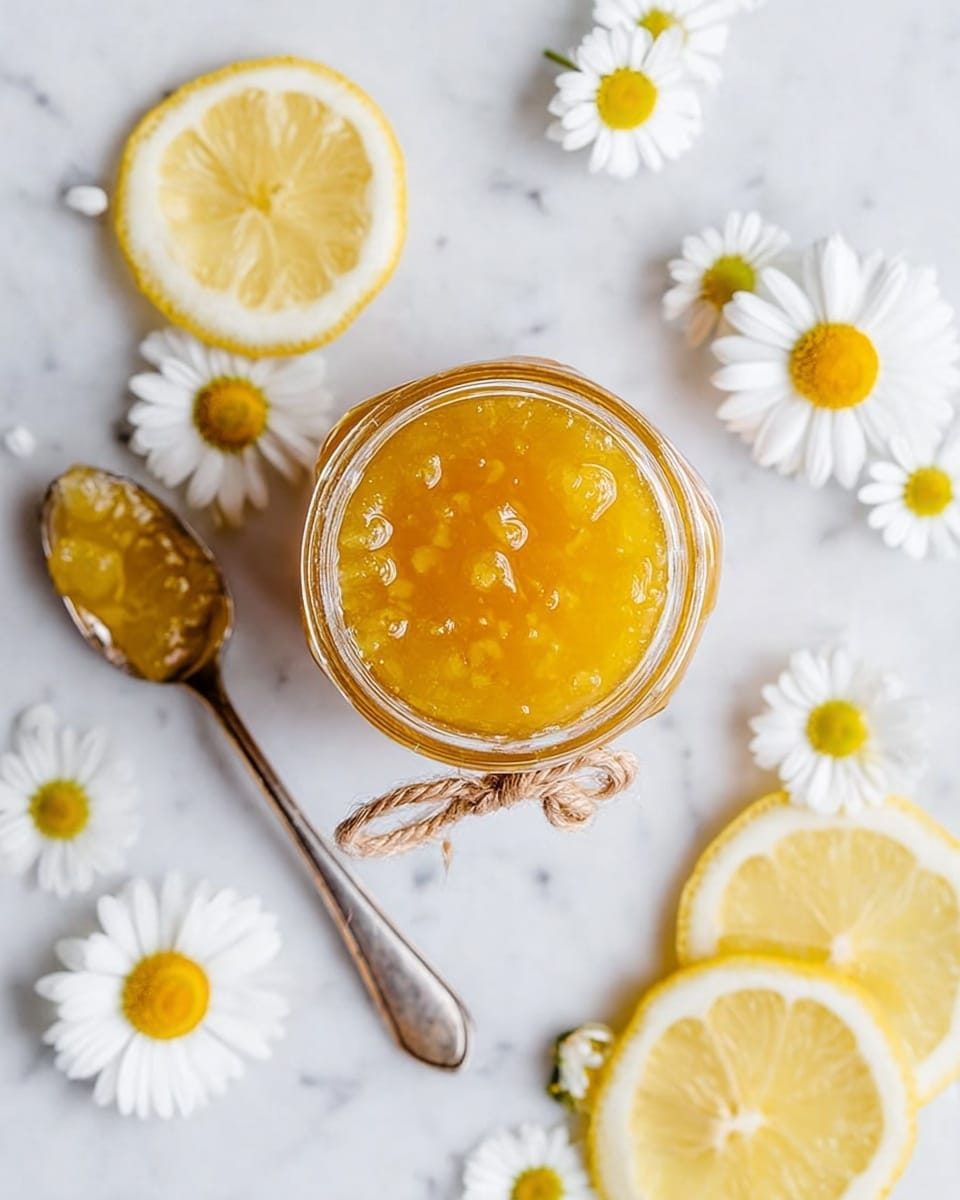 A top view shows a clear glass jar filled with bright yellow lemon marmalade with visible small lemon pieces inside. The jar is tied with a thin brown string bow around the neck. Around the jar on a white marbled surface are fresh white daisies with yellow centers and several lemon slices placed evenly, with one slice near the jar and a neat row of lemon slices in the bottom right corner. A silver spoon with some marmalade on it lies to the left of the jar. The overall look is fresh, light, and bright. photo taken with an iphone --ar 4:5 --v 7