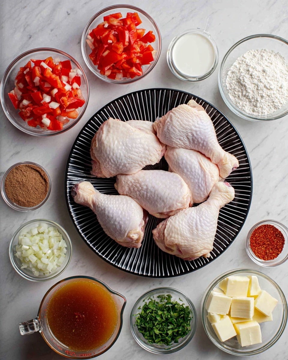 A black plate with white dash patterns holds six raw chicken pieces, three thighs and three drumsticks, in the center of the image. Around the plate, on a white marbled surface, are small white and clear glass bowls with ingredients: diced red tomatoes, red bell peppers, chopped white onions, minced garlic, chopped fresh green herbs, a brown paste, yellow butter chunks, white flour, creamy white yogurt, brown broth in a clear glass measuring cup, and two small piles of red spices. The setup looks neat and organized for cooking preparation, photo taken with an iphone --ar 4:5 --v 7