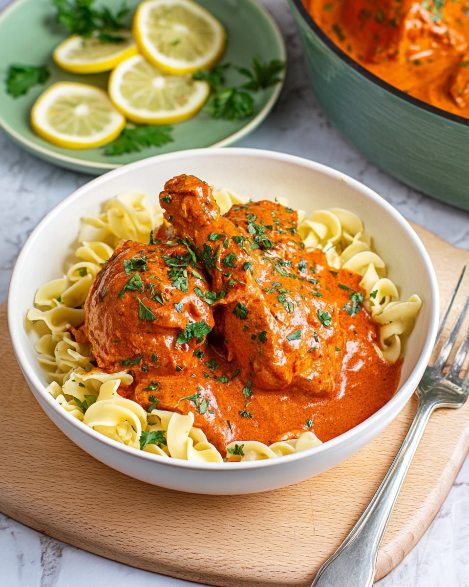 A white bowl contains three layers: the bottom layer is pale yellow egg noodles with a soft, curly texture filling most of the bowl; on top are two pieces of chicken covered fully in a thick, smooth, orange-red sauce that spreads slightly around the noodles; green chopped herbs are sprinkled on the chicken and sauce. The bowl is set on a light wooden board on a white marbled surface. In the background, there is a green plate with three lemon wedges and green herbs, and a larger pan of the orange-red sauce with pieces of chicken. A silver fork is placed at the bottom right corner. Photo taken with an iphone --ar 4:5 --v 7