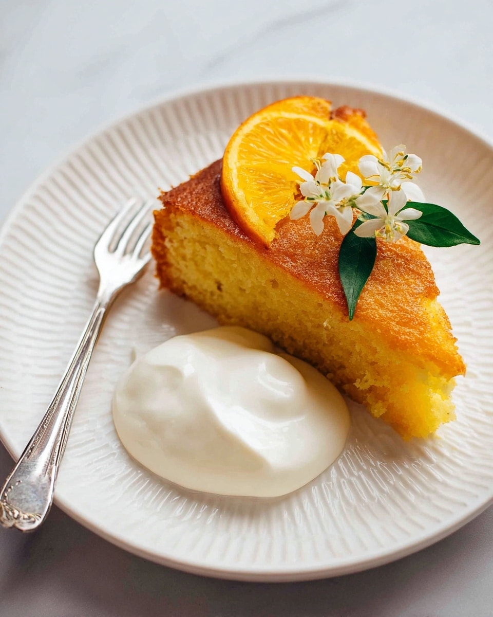 A slice of golden yellow cake sits on a white plate with a textured pattern. The cake has a soft, moist texture and a slightly browned top. On top of the cake slice, there is a thin, curved slice of orange and a small cluster of white flowers with green leaves for decoration. Next to the cake on the plate is a dollop of smooth white cream. A silver fork with a detailed handle rests on the left side of the plate. The whole scene is set on a white marbled surface. Photo taken with an iphone --ar 4:5 --v 7