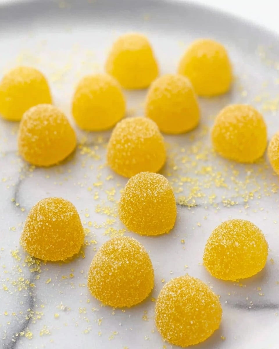 A white bowl filled with many small, round, yellow jelly candies covered in sugar crystals, making the surface look rough and shiny. The candies are piled tightly, with some overlapping and others resting on their edges, showing their semi-transparent texture. The bowl sits on a white marbled surface. photo taken with an iphone --ar 4:5 --v 7