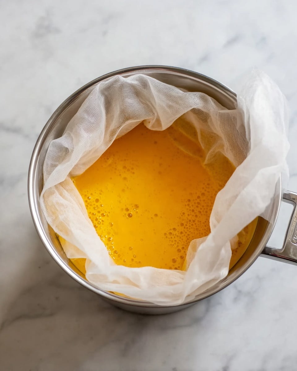 Inside a silver pot lined with translucent white cloth, there is a layer of bright orange liquid with small bubbles on the surface. The pot is placed on a white marbled surface. The cloth edges are gently folded over the pot’s rim creating soft folds around the orange liquid inside. photo taken with an iphone --ar 4:5 --v 7