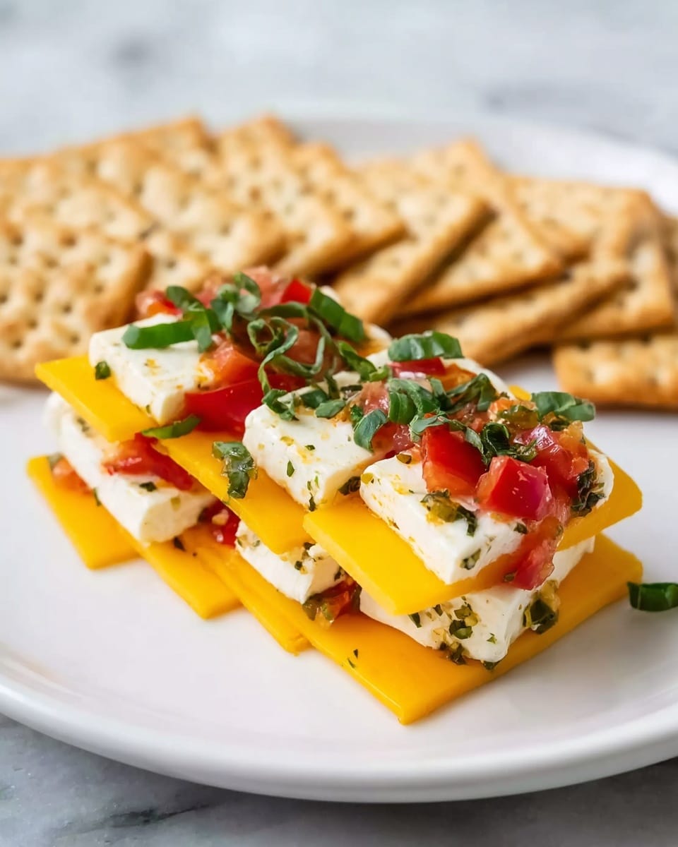 The image shows a white plate with a stack of alternating slices of bright orange cheese and soft white cheese, arranged upright in a neat row. The white cheese has a smooth texture while the orange cheese looks harder. Both cheeses are topped with small pieces of red tomato and green chopped herbs, adding colorful accents. In the background, there is a stack of round light beige crackers resting slightly behind the cheese stack. The plate is on a white marbled surface. Photo taken with an iphone --ar 4:5 --v 7