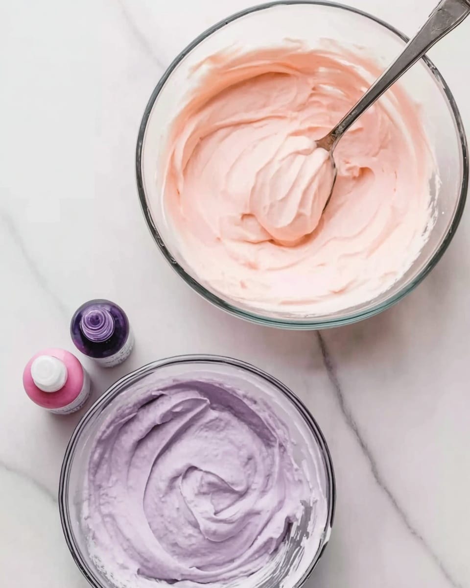 Two clear glass bowls are shown on a white marbled surface, each filled with thick frosting. The bowl on the top right contains light pink frosting with a smooth, creamy texture and a spoon resting inside. The bowl on the bottom left holds lavender frosting, also smooth and creamy, stirring marks visible from a spoon in it. Small bottles of food coloring, one pink and one purple, sit nearby on the surface. The overall scene is bright and clean. Photo taken with an iphone --ar 4:5 --v 7