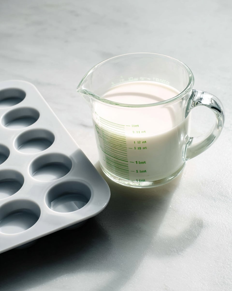 A clear glass measuring cup filled almost to the top with a smooth, thick white liquid, showing green measurement marks on the side reading up to 1 pint and 1 1/2 cups, sits on a white marbled surface. Next to it lies a white silicone mold with seven round cavities, each cavity smooth and empty. The soft light creates gentle shadows beneath both objects, highlighting their textures. photo taken with an iphone --ar 4:5 --v 7
