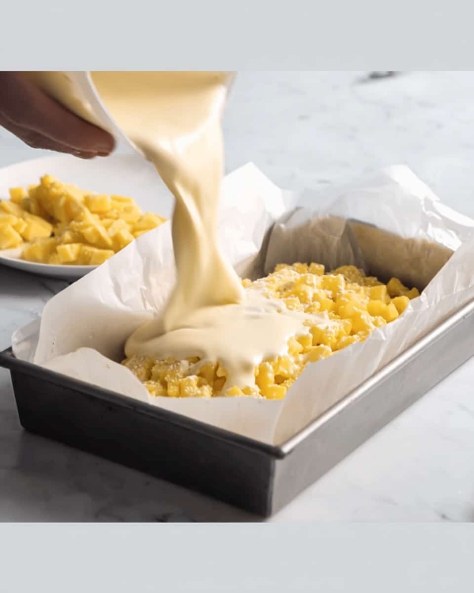 A close-up shot shows a rectangular metal baking pan lined with white parchment paper, filled with layers of food. The bottom layer consists of small diced yellow pieces that look soft and moist, evenly spread across the pan. Over this is a creamy white sauce being poured from above, creating an uneven, thick, smooth layer that partially covers the yellow base. On one side, a woman's hand is holding the pan steady. The background surface is a white marbled texture, and a white plate with more yellow pieces sits slightly blurred in the background. Photo taken with an iphone --ar 4:5 --v 7
