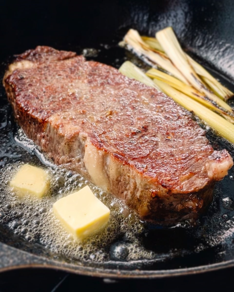 A thick piece of steak with a browned, slightly crispy surface lies in a black pan. To the side of the steak, there are several small slices of garlic, a few pale yellow sticks of lemongrass, and a small square of melting butter bubbling in the pan. The scene shows the steak cooking with the butter and aromatics, resting on a dark, shiny pan surface. The focus is on the textures of the steak’s seared outside and the melting butter nearby. photo taken with an iphone --ar 4:5 --v 7