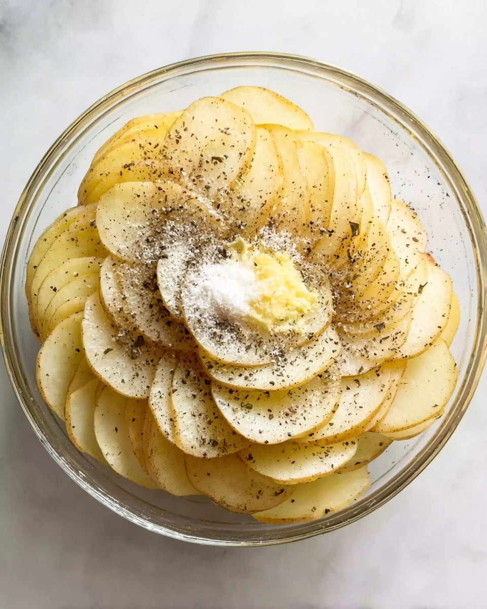 A clear glass bowl sits on a white marbled surface filled with thin, pale yellow potato slices arranged in a layered, circular way. On top of the potatoes, there is a sprinkle of black pepper and white salt, scattered unevenly, with a small mound of white powder and a bit of yellow butter in the center. The potato slices have a smooth texture and look fresh and raw. Photo taken with an iphone --ar 4:5 --v 7