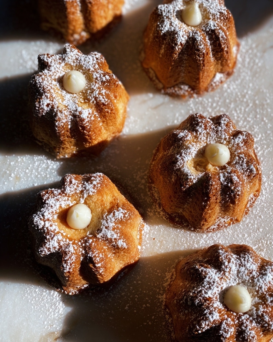 The image shows five golden-brown small pastries with a fluted flower shape, each topped with a white creamy dot in the center. They are lightly dusted with powdered sugar, which also spreads around them on a white marbled surface. The pastries have a slightly crispy texture with visible layers on their edges. Shadows fall diagonally across the surface, adding depth to the scene. photo taken with an iphone --ar 4:5 --v 7