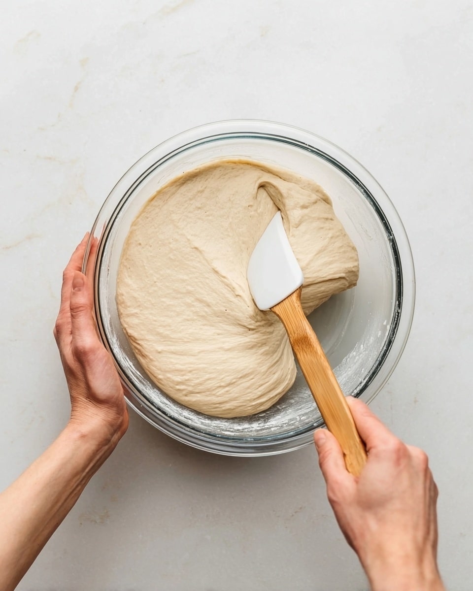 A large clear glass bowl with smooth, light beige dough inside, showing one thick layer that is soft and stretchy with a slightly shiny texture. A woman's hand holds the bowl steady on the left, while another woman's hand uses a spatula with a wooden handle and white silicone tip to lift the dough from the right side inside the bowl. The bowl sits on a white marbled surface, giving a clean and bright background. photo taken with an iphone --ar 4:5 --v 7