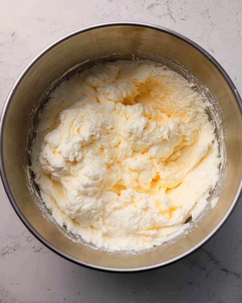 A round silver metal bowl filled with a fluffy white and light yellow mixed batter that looks soft and airy. The batter has small peaks and some light patches of yellow swirled gently throughout. The edges of the bowl show a bit of the mixture spread thinly along the sides. The bowl is placed on a white marbled surface. photo taken with an iphone --ar 4:5 --v 7