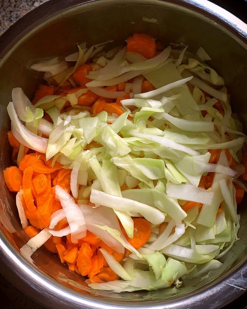 Inside a metallic pot, there are two layers of vegetables: at the bottom, bright orange carrot slices mixed with thin white onion strips, and on top, light green cabbage strips spread evenly. The vegetables show a fresh and slightly shiny texture, as if just placed for cooking. The photo is taken from above, showing the rounded edges of the pot. photo taken with an iphone --ar 4:5 --v 7