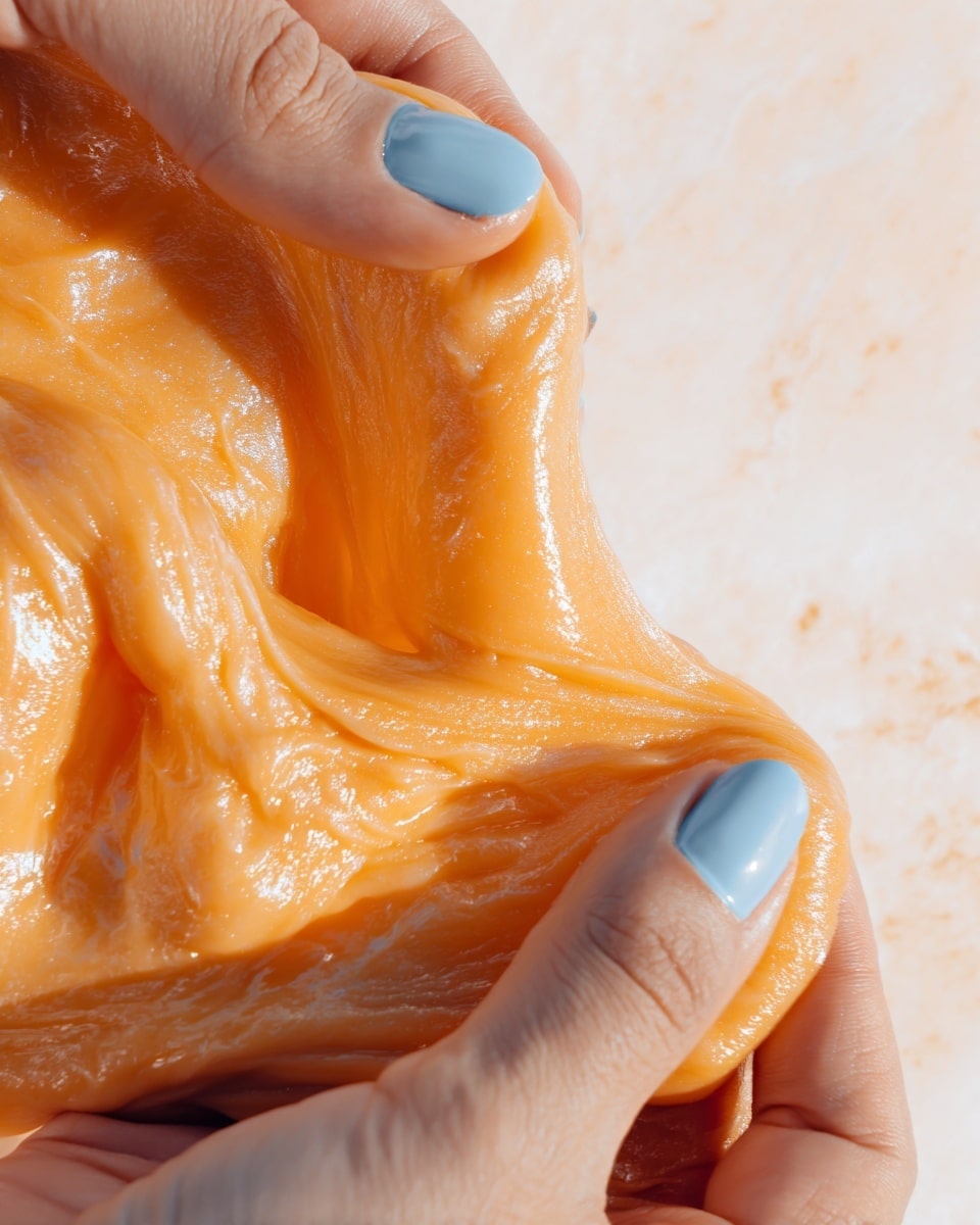 A close-up image showing a woman's hands with light blue nail polish stretching a soft, shiny orange dough or slime. The dough has a smooth texture and is translucent in some parts. The background is a white marbled texture. Photo taken with an iphone --ar 4:5 --v 7