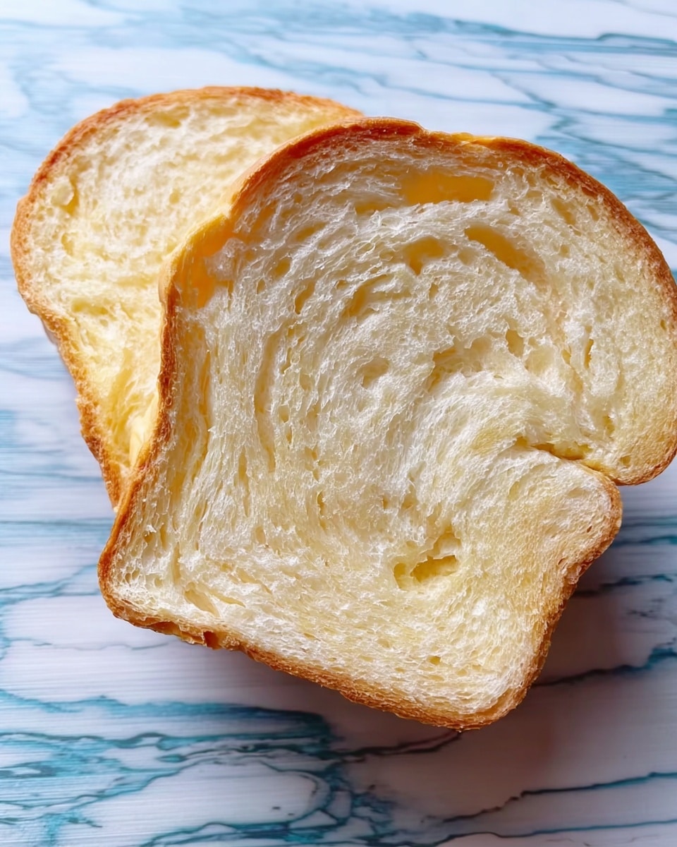 Two slices of soft bread are shown with a close view of their fluffy texture. The slices have a light golden brown crust on the outer edge, and the inside is pale cream with tiny air bubbles in a swirled pattern. The bread rests on a surface with a white marbled texture but this texture is changed from the original wooden background. photo taken with an iphone --ar 4:5 --v 7