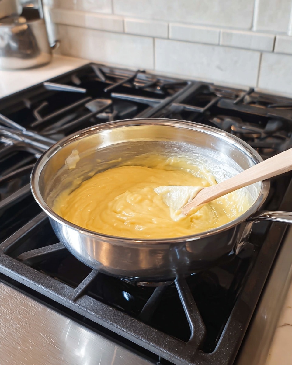 A shiny silver metal bowl is placed on a black stove burner, filled with a thick, creamy yellow mixture that has a smooth texture with some small lumps. A wooden spoon with a light wood handle is resting inside the bowl, partially covered with the yellow mixture. The stove's black grates and dark countertop around it are visible, while the background shows pale tiled walls. The image is clear and bright with natural light. photo taken with an iphone --ar 4:5 --v 7