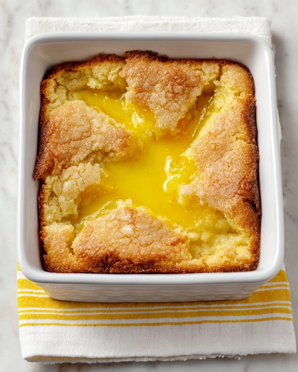 A square white baking dish holds a lemon cobbler with a golden brown crust that has a slightly rough texture and uneven edges. The crust is cracked in several places, revealing a bright yellow, smooth lemon filling beneath. The dish sits on a white cloth with yellow stripes, placed on a white marbled surface. photo taken with an iphone --ar 4:5 --v 7