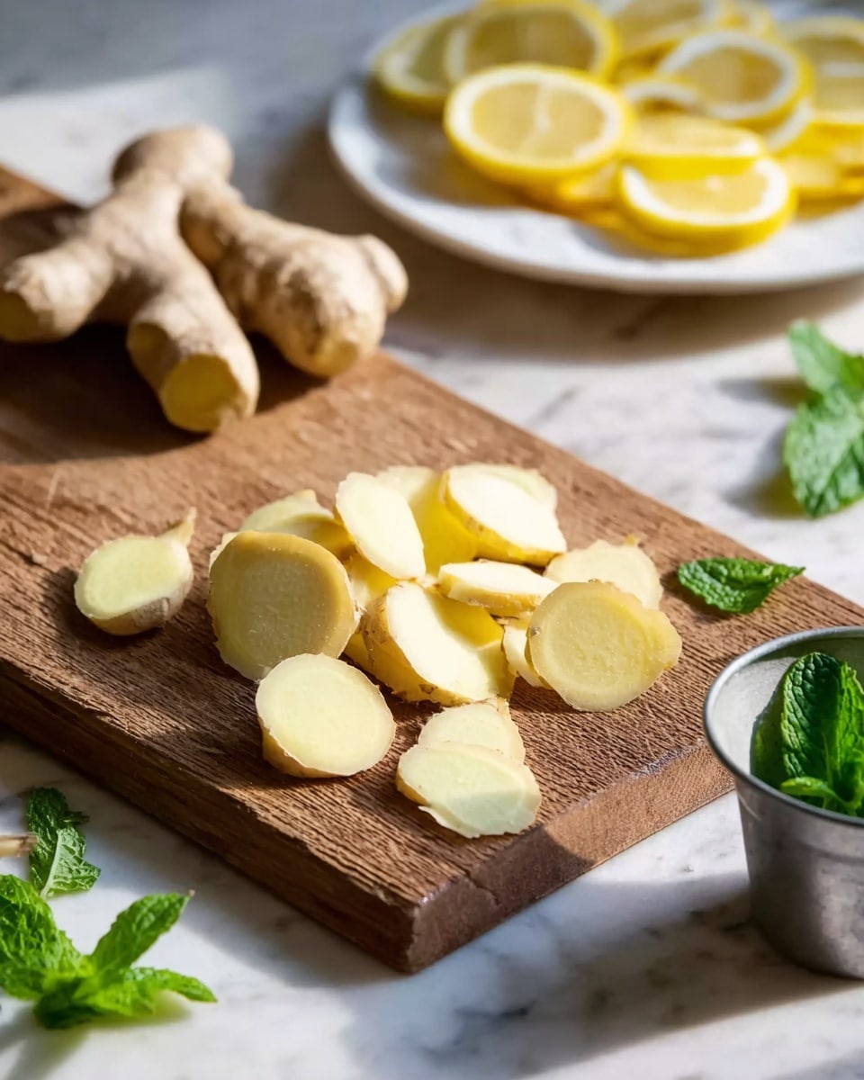 A wooden board sits on a white marbled surface, holding about fifteen thin, pale yellow ginger slices spread unevenly across it. Behind the board are three whole light brown ginger roots with rough texture. In the background, a white plate holds several thin, round yellow lemon slices, slightly overlapping in a neat circle. Fresh green mint leaves are scattered on the white marbled surface around the board and a small metal cup holding more mint leaves is visible on the right side. The scene is softly lit to show the natural colors and textures clearly. Photo taken with an iphone --ar 4:5 --v 7