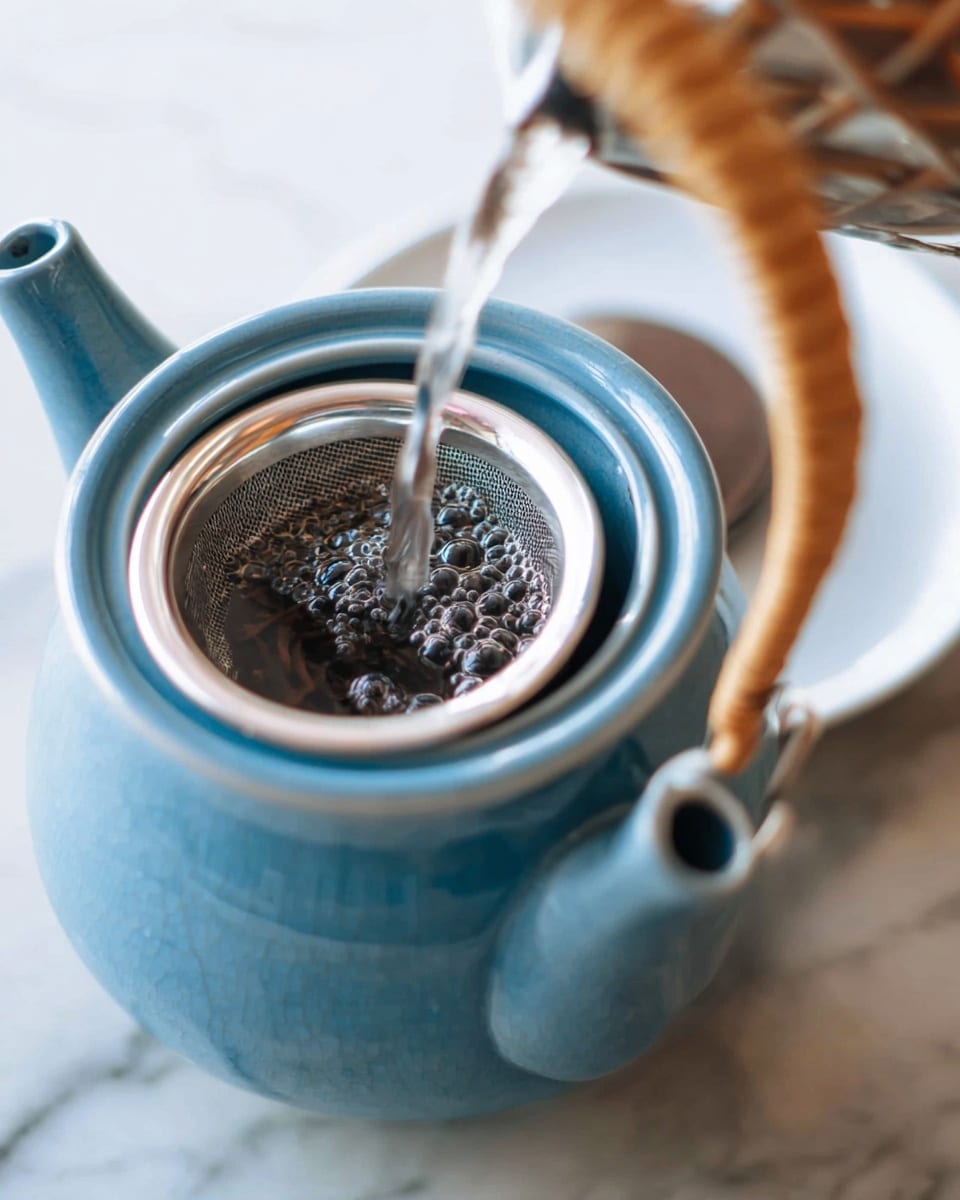 The image shows a close-up of a blue ceramic teapot with a woven light brown handle. The teapot lid is off and set aside on a white plate in the background. Inside the open top, there is a metal mesh strainer filled with dark tea leaves. Water is being poured into the teapot from above, causing bubbles to form around the tea leaves. All items are placed on a white marbled surface. photo taken with an iphone --ar 4:5 --v 7