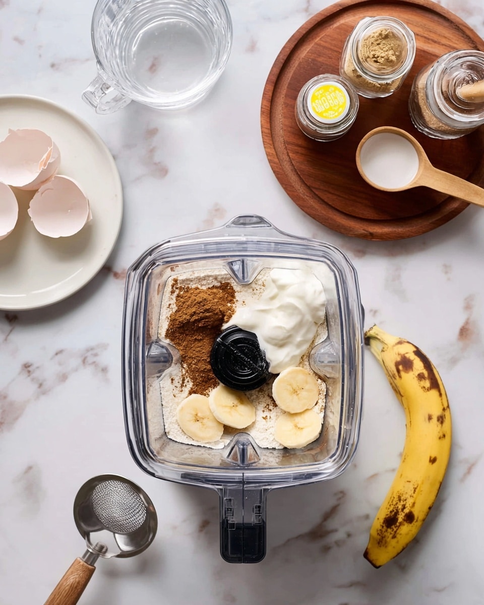 A clear blender container sits at the center on a white marbled surface, filled with layered ingredients: at the bottom, a dusting of brown cinnamon powder, white flour dust lightly covering the sides, and dollops of thick white yogurt or cream, topped with two peeled banana halves, one whole and one smaller piece, all resting on the sharp black blender blade. On the left, a small white plate holds two cracked white eggshell halves. Above the blender, a clear glass measuring cup filled with water stands next to a round wooden board holding two small glass jars, one with a yellow label and wooden scoop, the other a white container with a wooden spoon inside. To the right of the blender, a partially peeled yellow banana with brown spots lies on the surface, and at the bottom left, a metal measuring cup with a white and wooden spatula rests on the marble. Photo taken with an iphone --ar 4:5 --v 7