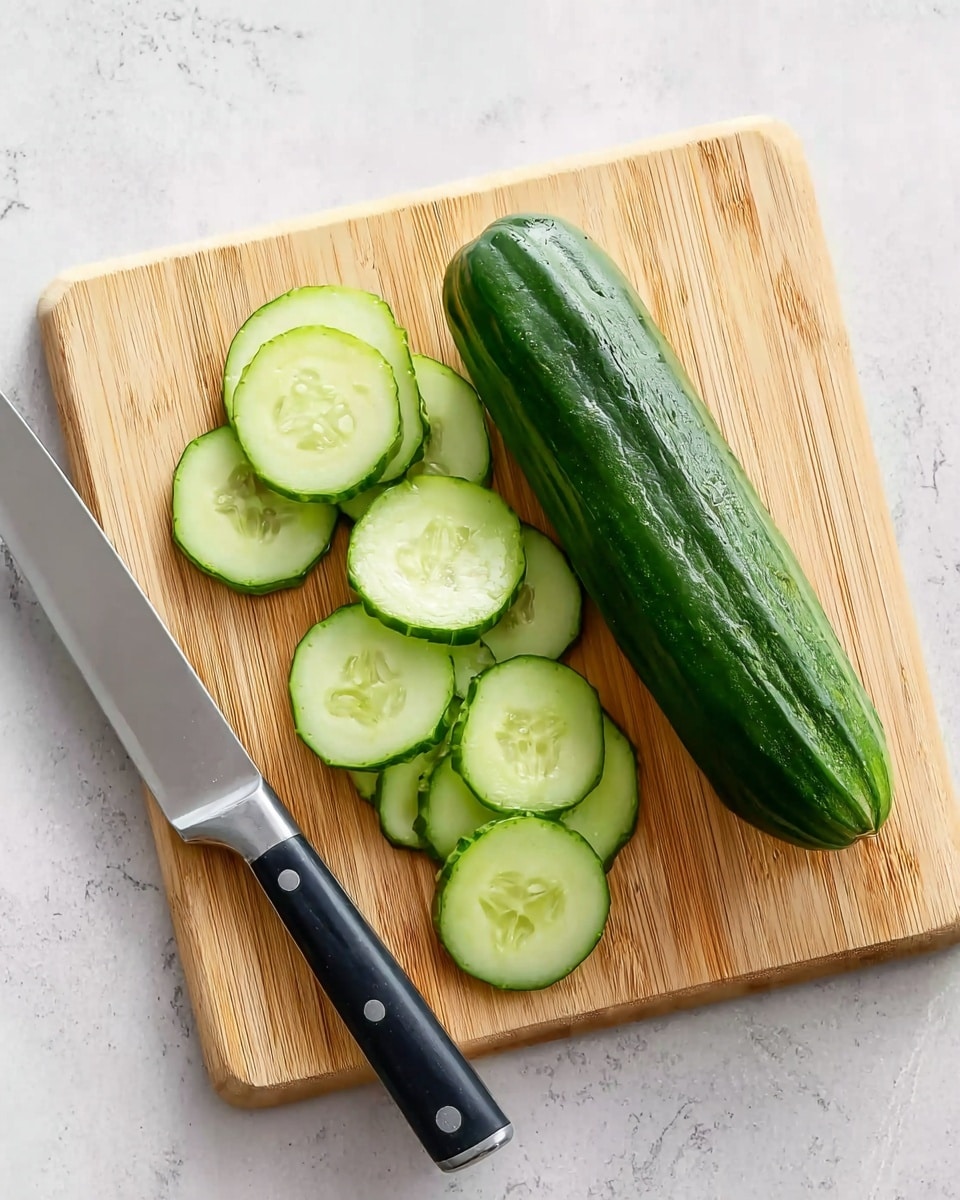 A light wooden cutting board rests on a white marbled texture surface, featuring a fresh, dark green cucumber that is partly sliced into thin, round pieces. The slices show a pale green inside with a watery texture and seeds clearly visible. Next to the cucumber slices, there is a shiny sharp knife with a black handle lying diagonally on the board. The scene is simple and clean with natural light illuminating the fresh cucumber and the smooth texture of the cutting board. photo taken with an iphone --ar 4:5 --v 7