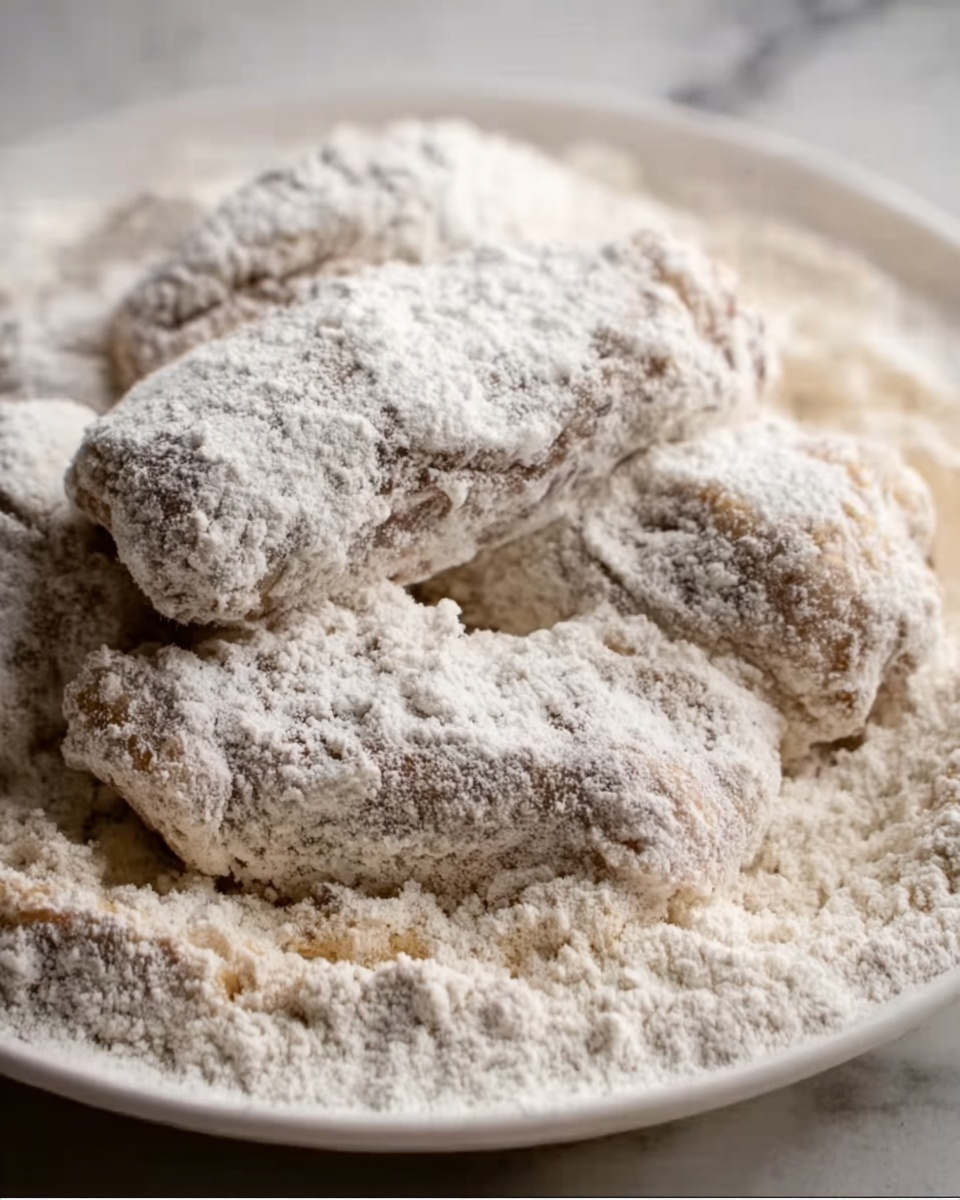 The image shows several raw pieces of meat coated in a thick layer of white flour, resting on a white plate filled with more flour. The flour has a powdery texture and covers the meat unevenly, with some parts thicker and others lighter. The plate sits on a white marbled surface, which creates a clean and bright background, and the focus is close to the meat and flour, highlighting the rough texture of the coating. Photo taken with an iphone --ar 4:5 --v 7