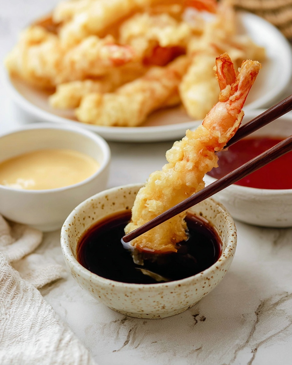 A crispy golden shrimp tempura held by dark brown chopsticks is dipped into a dark soy sauce in a small white bowl with a speckled texture. Behind it, there are two more small white bowls, one with a smooth light yellow sauce and the other with a shiny red sauce. In the background, a white plate is filled with more light golden, crispy shrimp tempuras. The dish is set on a white marbled surface with a light woven cloth partially visible. photo taken with an iphone --ar 4:5 --v 7