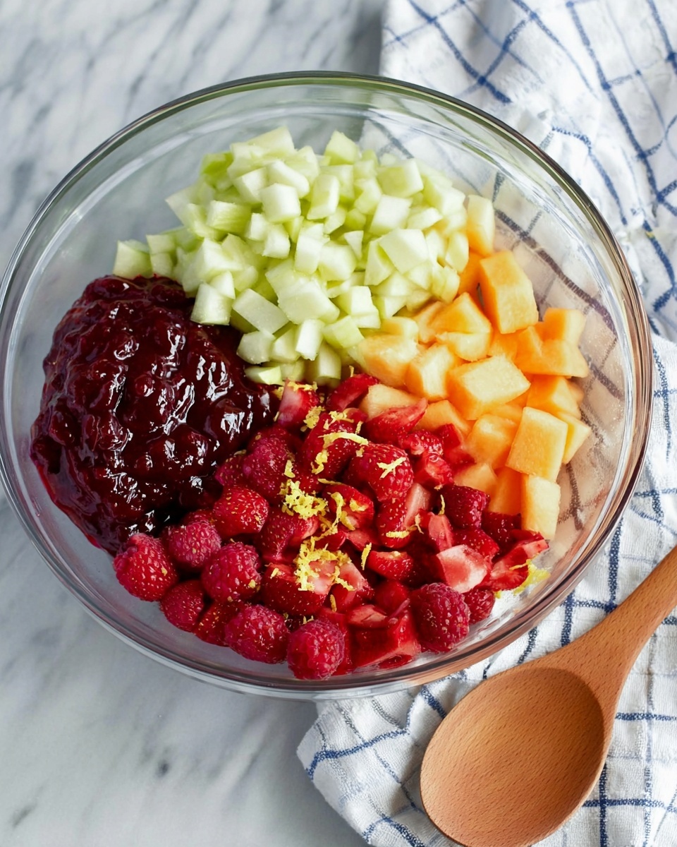 A clear glass bowl holds five separate piles of ingredients on a white marbled surface. On the upper left, there is a mound of pale green chopped apples. To the bottom left of the apples, there is a thick, dark purple berry sauce with a smooth, shiny texture. Below the sauce are fresh, bright red raspberries with a bumpy texture. On the right side of the bowl, there is a mix of finely chopped red strawberries, some sprinkled with yellow lemon zest. Below the strawberries, there are small chunks of pale orange cantaloupe. Nearby, a wooden spoon rests on a white cloth with blue checkered patterns. The photo taken with an iphone --ar 4:5 --v 7
