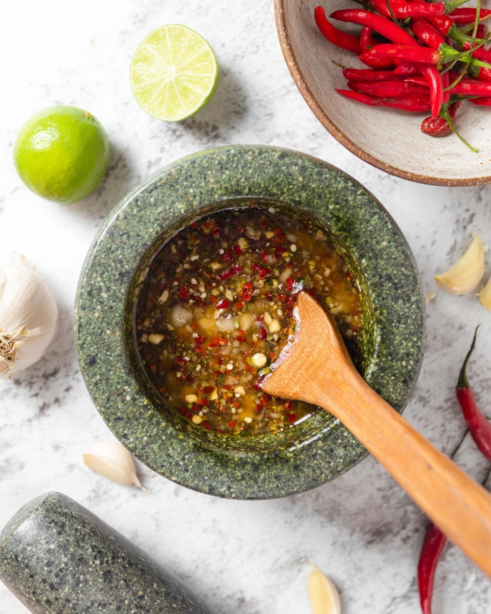 A rough, dark green stone mortar holds a chunky, colorful chili sauce filled with red and yellow chili pieces and seeds suspended in a watery, light brown base. Inside the mortar, a smooth wooden spatula with a flat, rectangular tip stands upright, partially coated with the sauce. The mortar is placed on a white marbled textured surface with blurred elements in the background, including a brown bowl with red chili peppers and partially visible garlic cloves and lemon slices around the base. Photo taken with an iphone --ar 4:5 --v 7