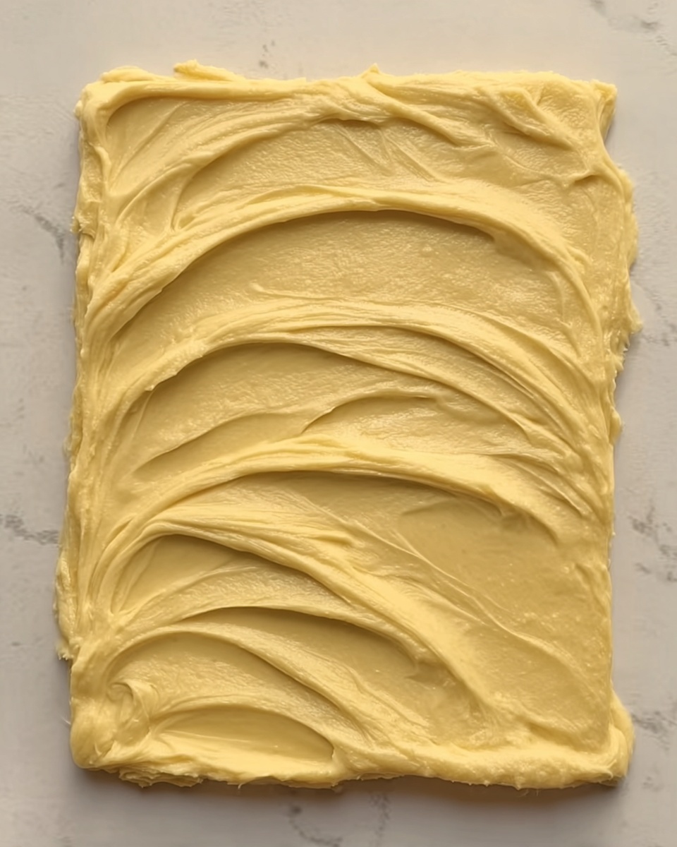 A rectangular layer of thick, smooth, pale yellow batter spread unevenly on a flat white marbled surface, showing visible swirled ridges and curves from spreading, giving it a textured look. photo taken with an iphone --ar 4:5 --v 7