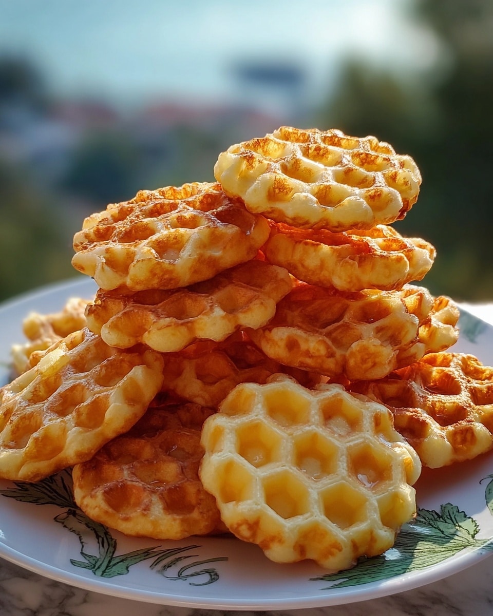 A pile of small round waffles with a honeycomb pattern stacked unevenly on a white plate with green leaf designs, each waffle showing a golden brown crispy rim and a soft yellow center with hexagonal holes. The waffles have a slightly shiny texture from light reflection, and the background shows a blurred outdoor scene with soft blue and green colors suggesting a distant landscape under bright sunlight. The whole setup is placed on a white marbled surface. photo taken with an iphone --ar 4:5 --v 7