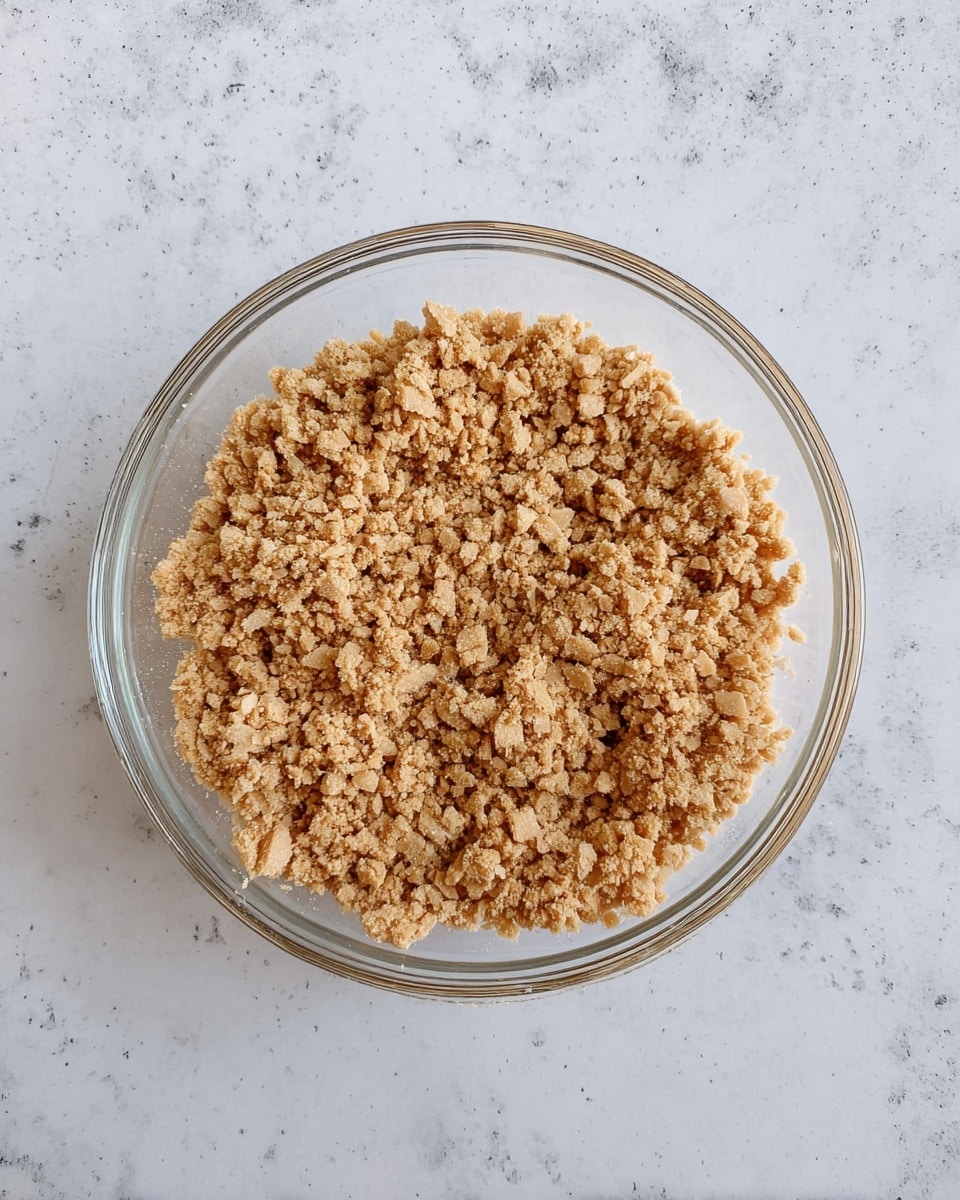 A clear glass bowl filled with one layer of light brown, crumbly texture made up of small and medium-sized pieces. The bowl sits on a white marbled surface, showing a rough snack or crumble mix with uneven shapes and shades of tan. Photo taken with an iphone --ar 4:5 --v 7