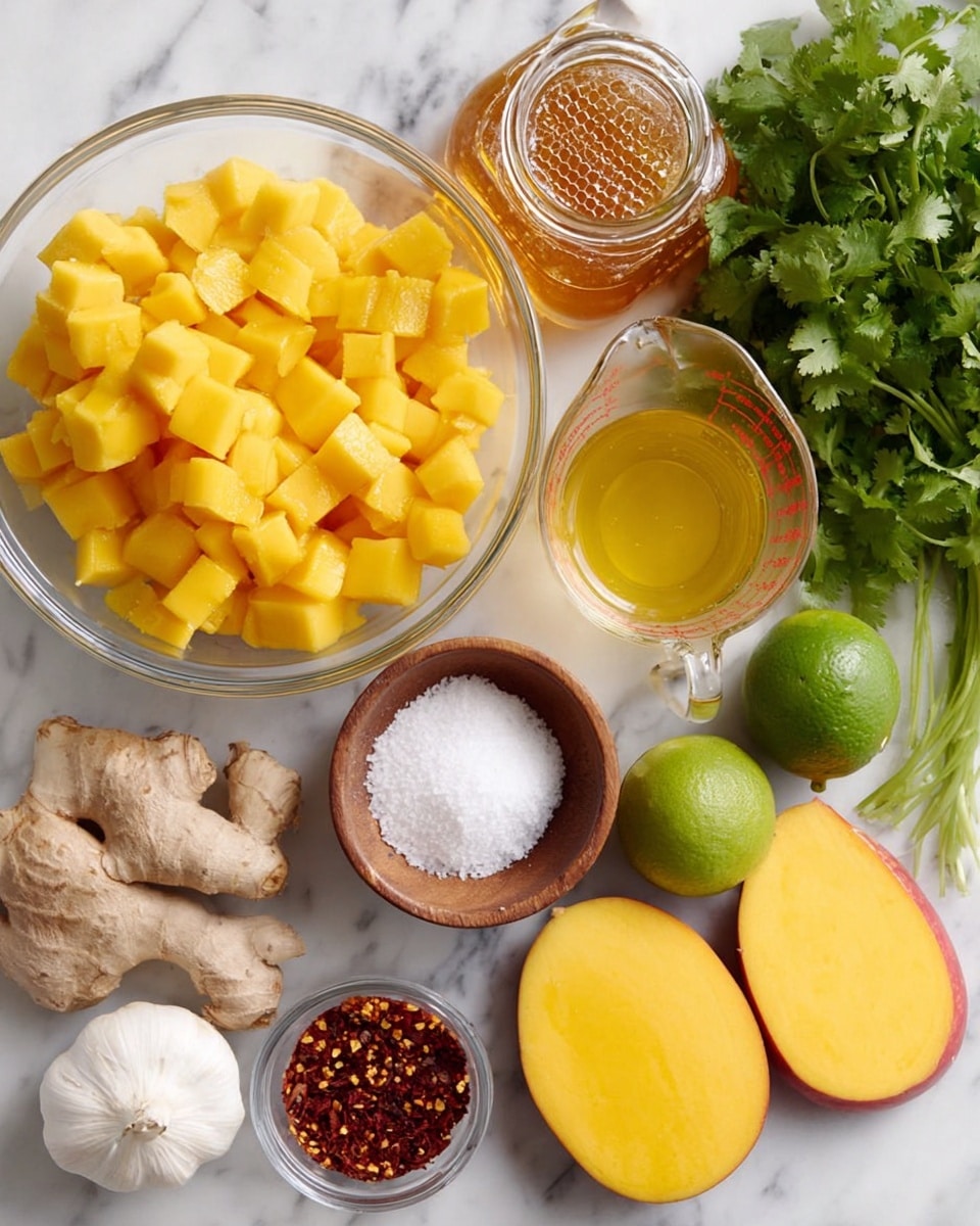 The image shows a clear glass bowl filled with many small cubes of bright yellow mango in the center. Above it, there is a jar with golden honey and a honeycomb piece inside. To the right of the jar is a glass measuring cup with a yellow liquid. Next to it are two halves of a ripe mango with bright yellow flesh and red skin. On the bottom right is a fresh green lime cut in half showing its juicy inside. Near the lime is a whole garlic bulb with some individual cloves. At the bottom middle, there is a small wooden bowl filled with white salt. To the left of the salt bowl is a small clear bowl holding red chili flakes. Above it, a chunk of light brown ginger root is visible. On the far left, there is a bunch of fresh green cilantro. The background is a white marbled surface photo taken with an iphone --ar 4:5 --v 7