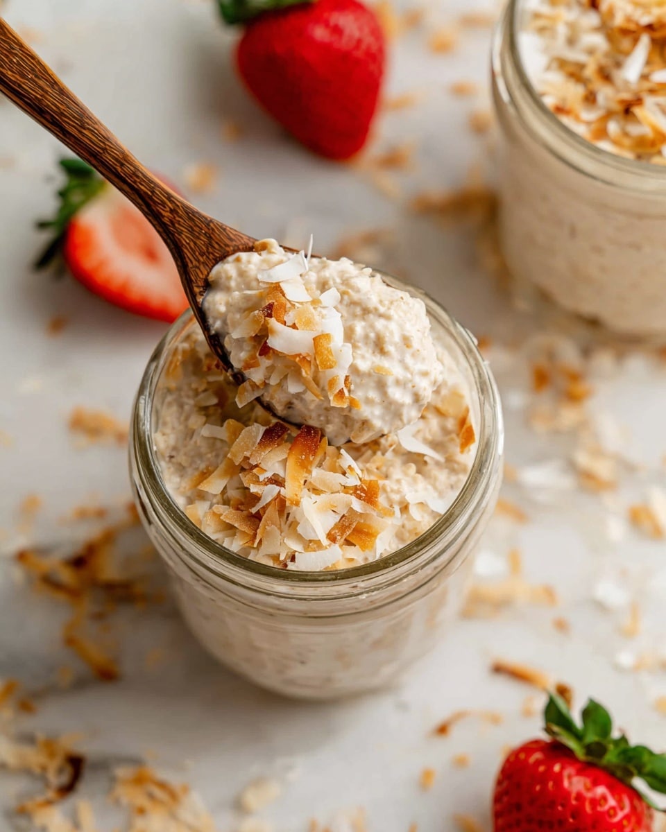 A glass jar filled with a creamy oatmeal mixture topped with golden toasted coconut flakes. A wooden spoon is dipped inside the jar, slightly lifting some of the oatmeal, showing a thick, textured beige layer of oats mixed with creamy liquid. Around the jar, there are scattered toasted coconut pieces and two bright red strawberries with green leaves on a white marbled surface. Another jar with the same oatmeal and coconut topping is partially visible at the top right corner of the image. photo taken with an iphone --ar 4:5 --v 7