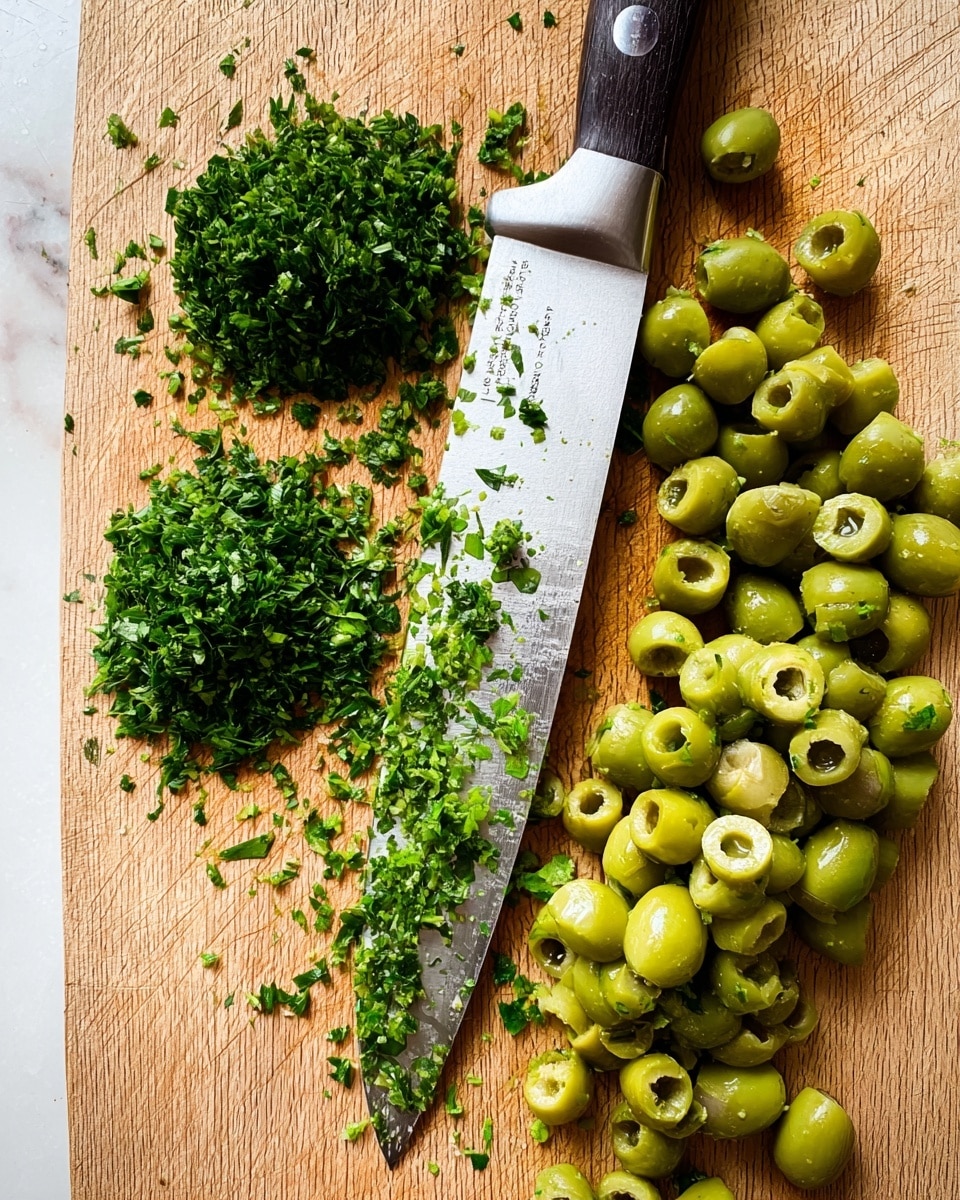 On a light wooden cutting board with a white marbled background, there is a sharp knife with a silver blade and dark handle resting diagonally; the blade is covered with small bits of finely chopped fresh green herbs. To the left and below the knife, two piles of finely chopped dark green herbs are spread out neatly. On the right side of the knife, there is a large group of sliced green olives showing their lighter green inside and small dark pits. The close-up image shows fresh and moist textures in both the herbs and olives. Photo taken with an iphone --ar 4:5 --v 7