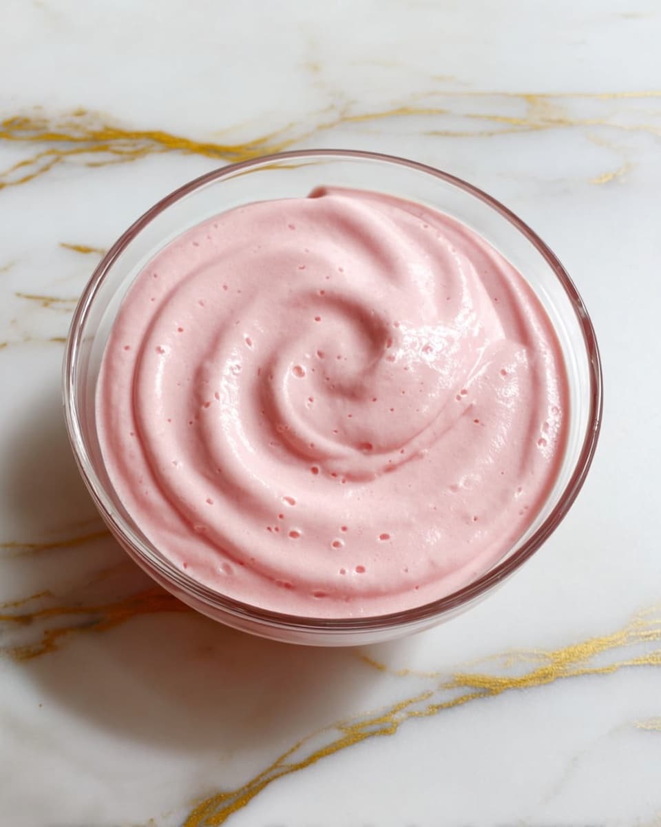 A clear glass bowl filled with a smooth, creamy pink mousse with a swirl pattern on top, placed on a white marbled surface with gold veins. The mousse has a light, airy texture with small bubbles visible. The bowl is round and shallow, showing the mousse evenly spread inside. photo taken with an iphone --ar 4:5 --v 7