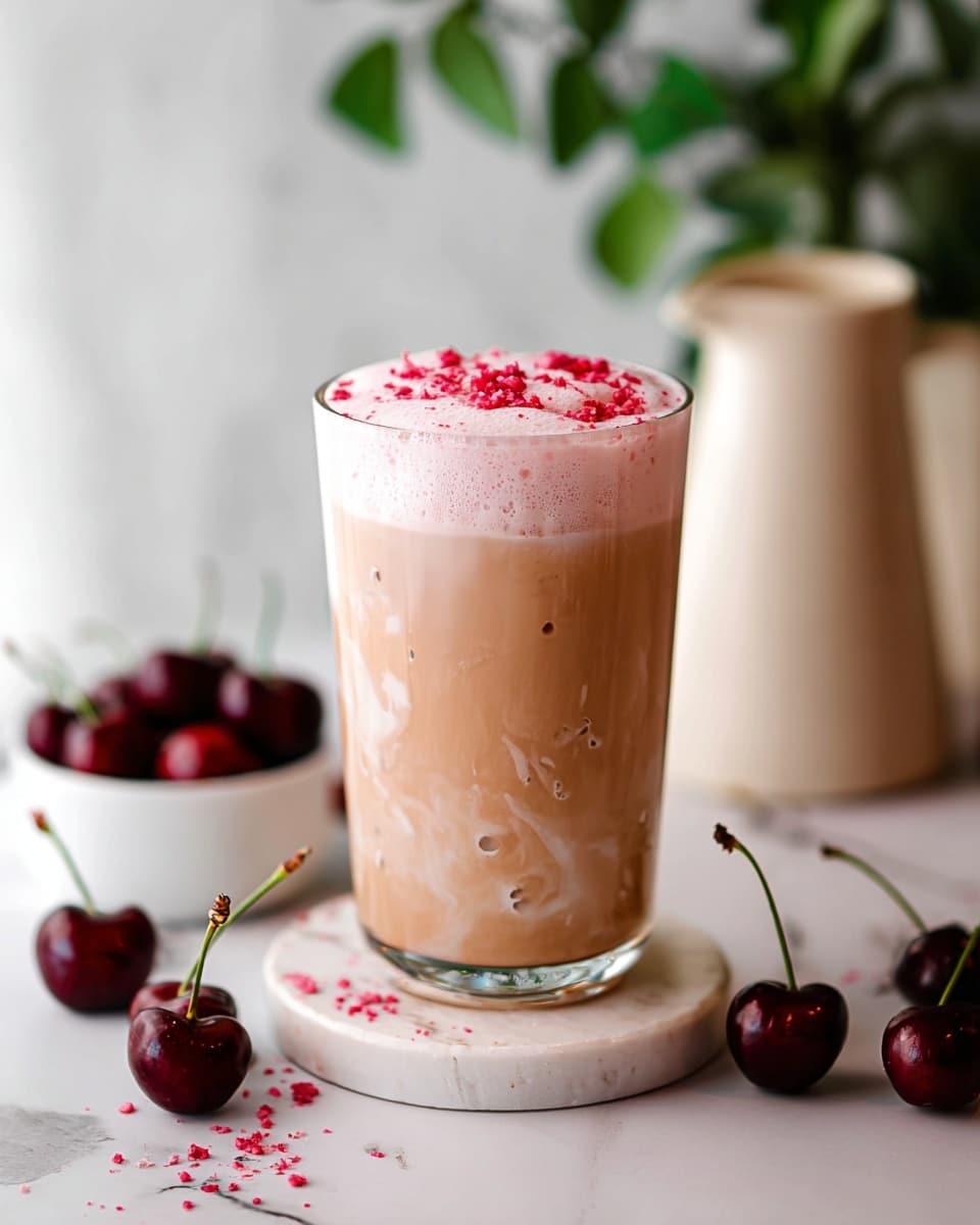 A tall clear glass filled with a light brown creamy drink that has soft swirling patterns inside, topped with a thick layer of light pink foam sprinkled evenly with bright red small crumb-like pieces. The glass sits on a white marble coaster, placed on a white marbled surface. Around the glass, there are dark red cherries with green stems scattered lightly and a small white bowl filled with cherries in the background. To the right, there is a green leafy plant, and in the far back, a cream-colored jug adds a soft touch. The photo taken with an iphone --ar 4:5 --v 7