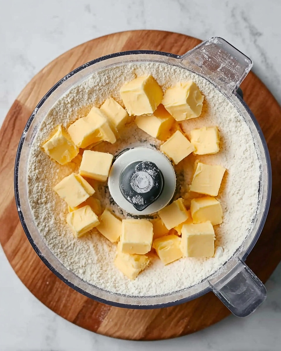 A clear round food processor bowl with small beige cubes of butter and white flour inside. The flour forms a soft, powdery base layer covering the bottom of the bowl, while the yellow butter cubes are spread evenly on top. The food processor blade sits in the middle. The bowl rests on a round wooden board, which is placed on a white marbled surface. photo taken with an iphone --ar 4:5 --v 7