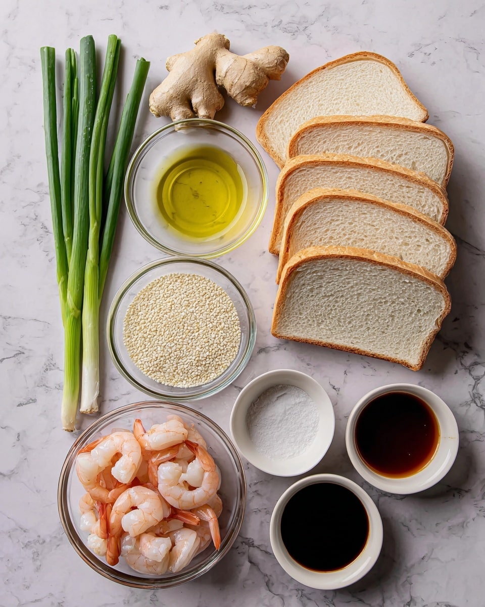 The image shows several ingredients arranged neatly on a white marbled surface. On the right, there are six slices of white bread stacked slightly overlapping. In the center, from top to bottom, are a small clear bowl of light yellow oil, a small clear bowl filled with white sesame seeds, and a small clear bowl with raw shrimp that are pinkish with some translucent white parts. To the left, there are a few green onions standing upright, two peeled garlic cloves, and a piece of ginger root. On the right of the shrimp bowl, there are three small white bowls arranged vertically, holding dark soy sauce at the bottom, a lighter soy sauce in the middle, and salt in the top. photo taken with an iphone --ar 4:5 --v 7