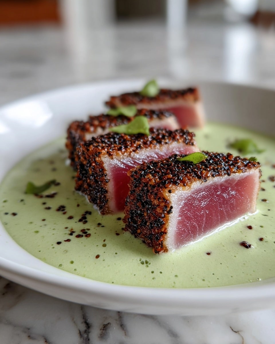 Three pieces of seared tuna with a dark, peppery crust on the edges and a pink center are lined up on top of a creamy, light green sauce that spreads across the bottom of a white plate. The sauce has a smooth, slightly textured surface. The plate sits on a white marbled surface with a blurred background. photo taken with an iphone --ar 4:5 --v 7
