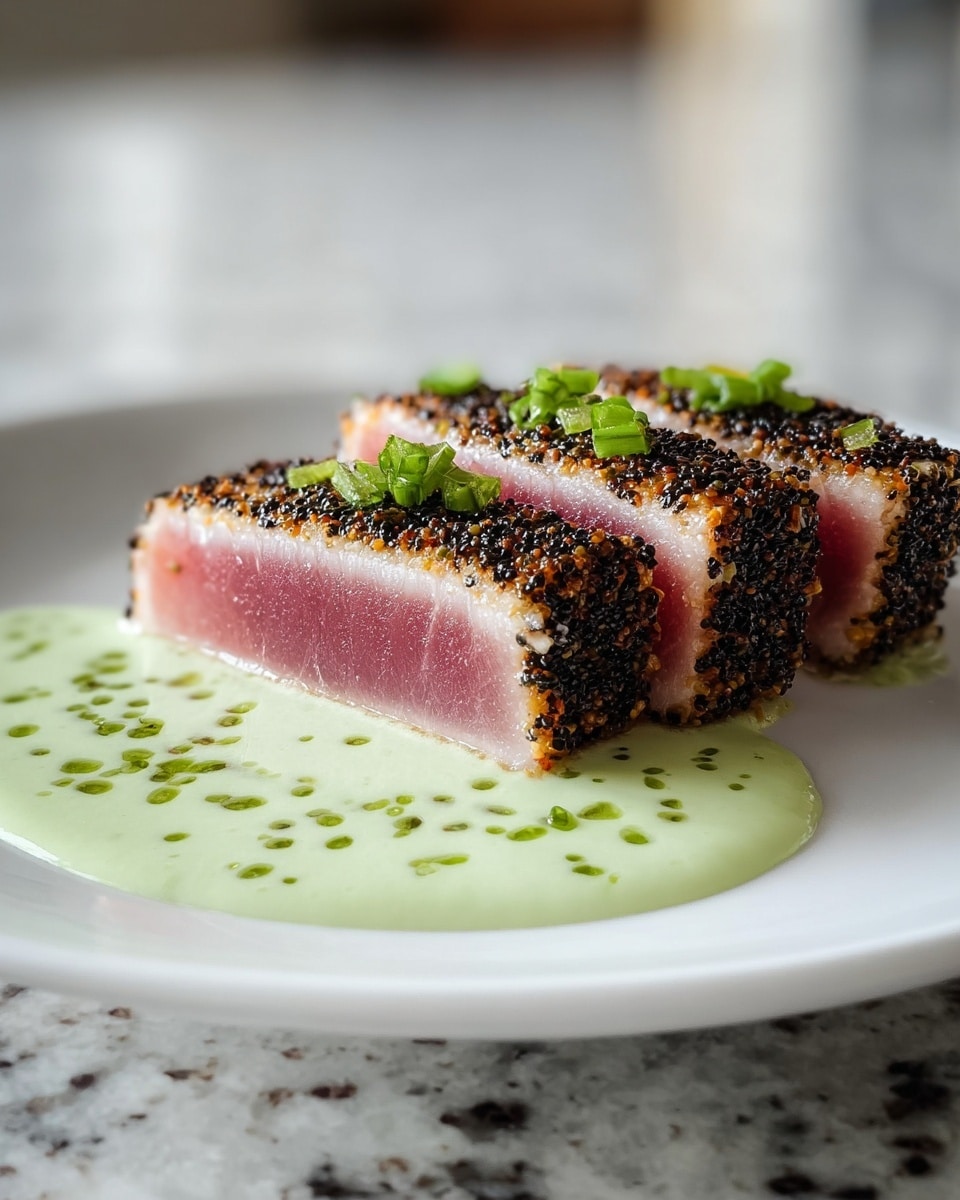 Two thick slices of seared tuna with a dark, peppery crust on the outside and a pink raw center, placed closely side by side on a white plate. The tuna is topped with small green herb pieces. Next to the tuna is a smooth, light green sauce with some green herb bits scattered on top. The plate sits on a white marbled surface. photo taken with an iphone --ar 4:5 --v 7